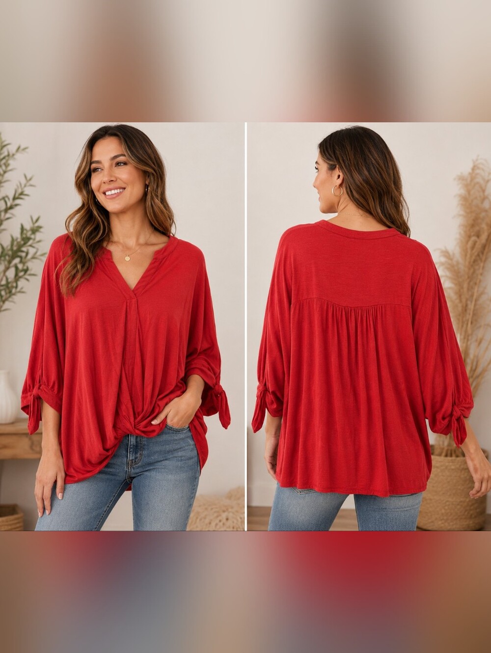 Akemi + Kin by Anthropologie Red Draped Knot Front Top